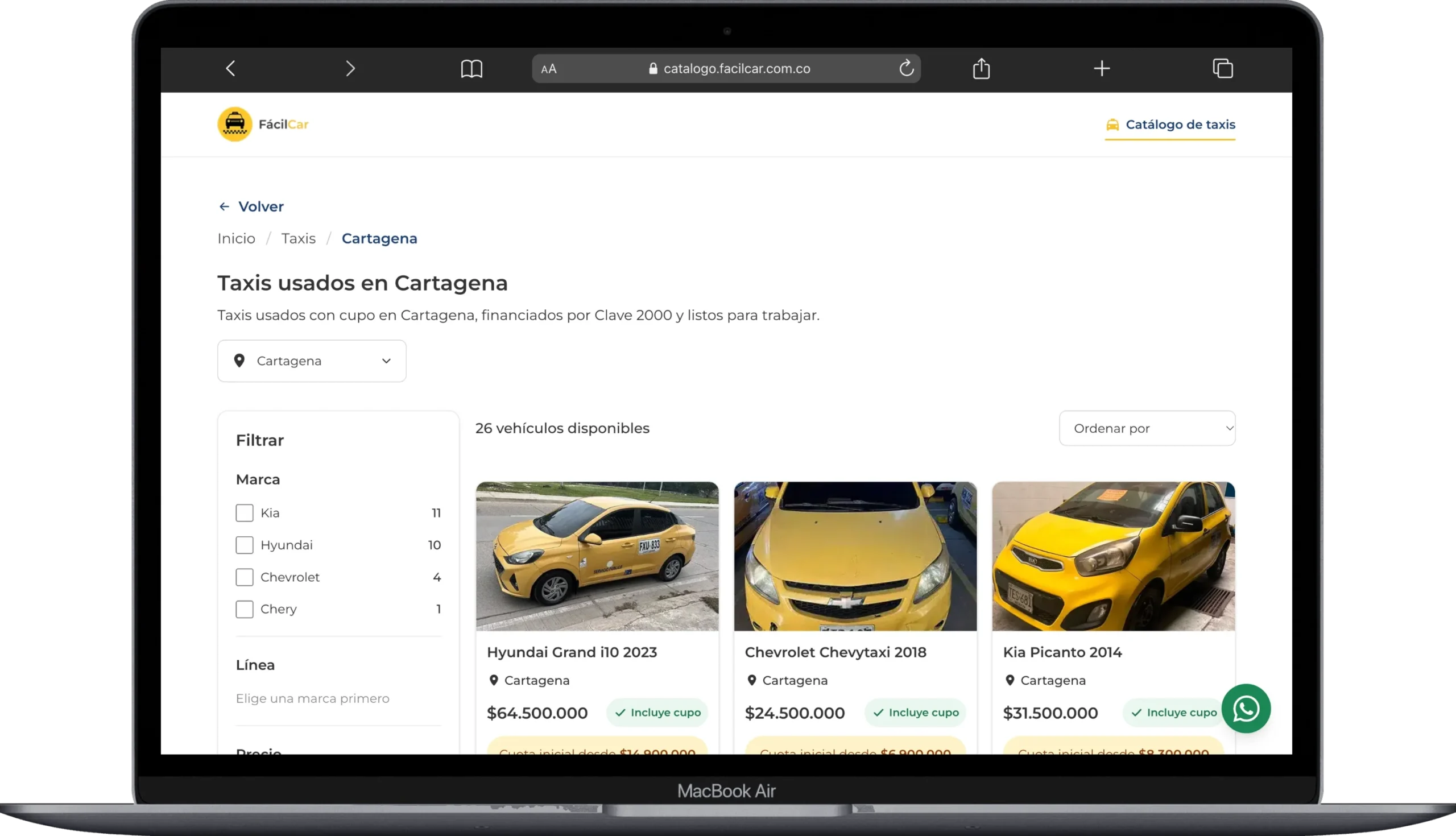 Catálogo de taxis usados en Cartagena con filtros por marca, línea y precio