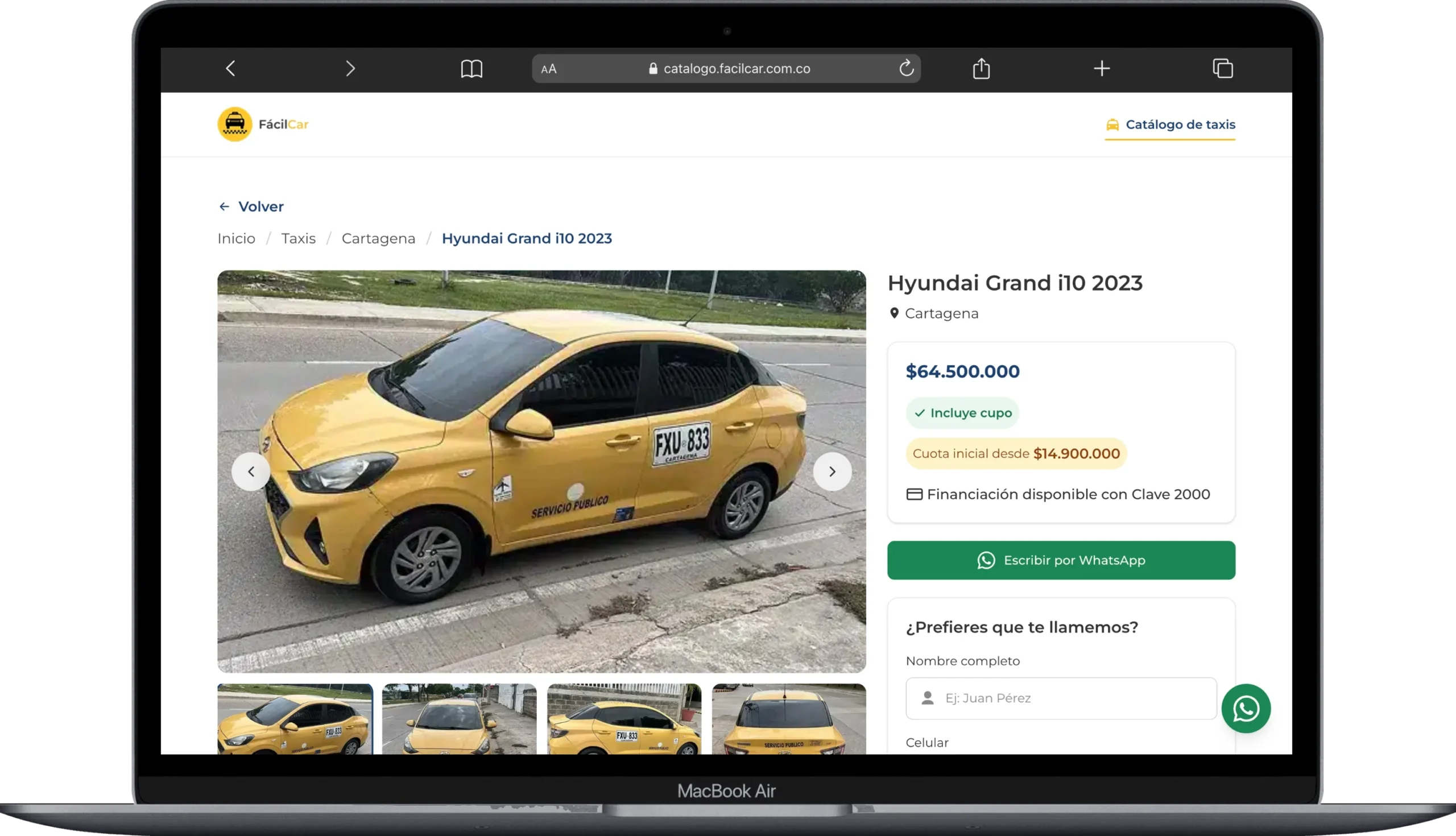 Ficha de un Hyundai Grand i10 2023 con galería, precio, cuota inicial y botón de WhatsApp