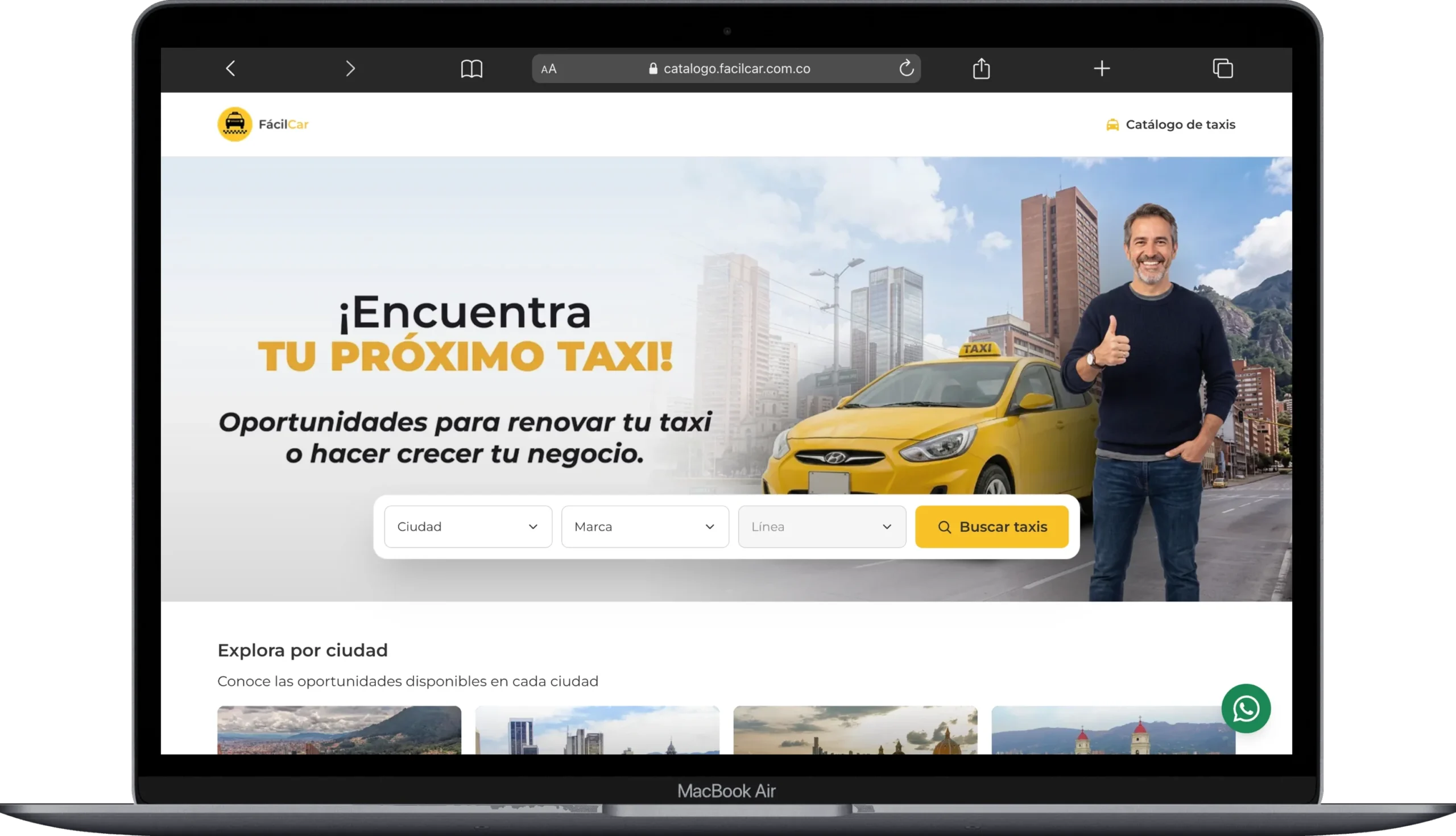 Inicio de FácilCar en escritorio con el buscador de taxis por ciudad, marca y línea
