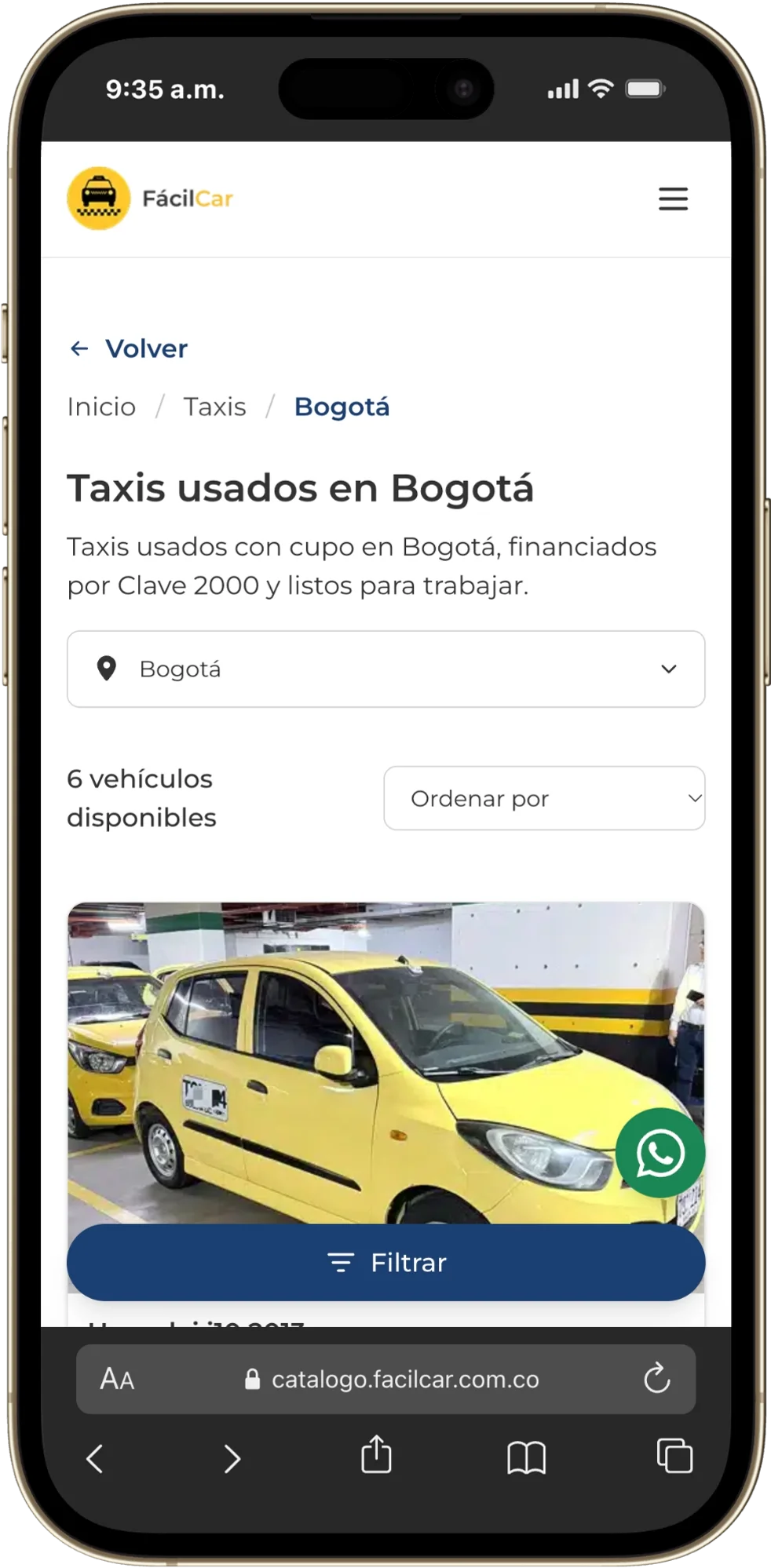 Catálogo de taxis en Bogotá en móvil con el botón flotante Filtrar