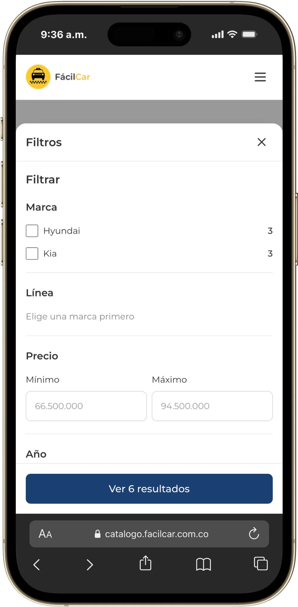 Panel inferior de filtros en móvil con marca, línea, precio y botón Ver 6 resultados