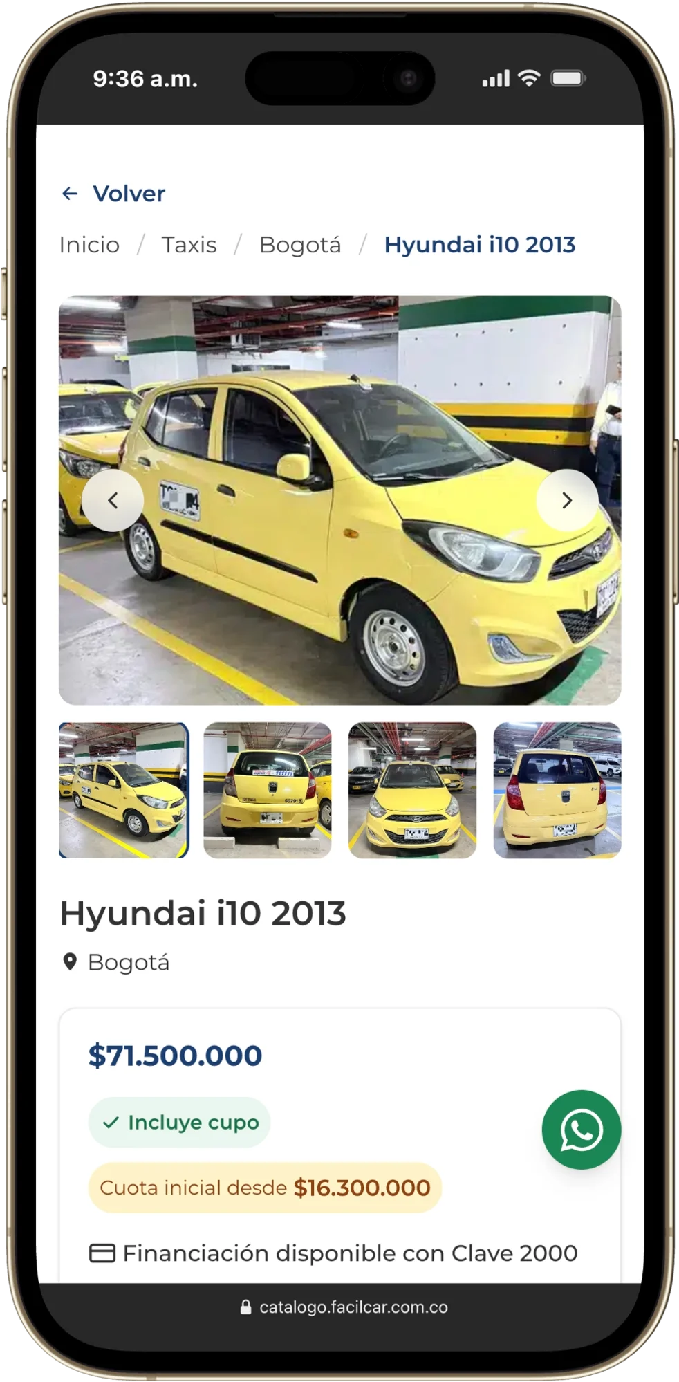 Ficha de un Hyundai i10 2013 en móvil con galería, precio y cuota inicial
