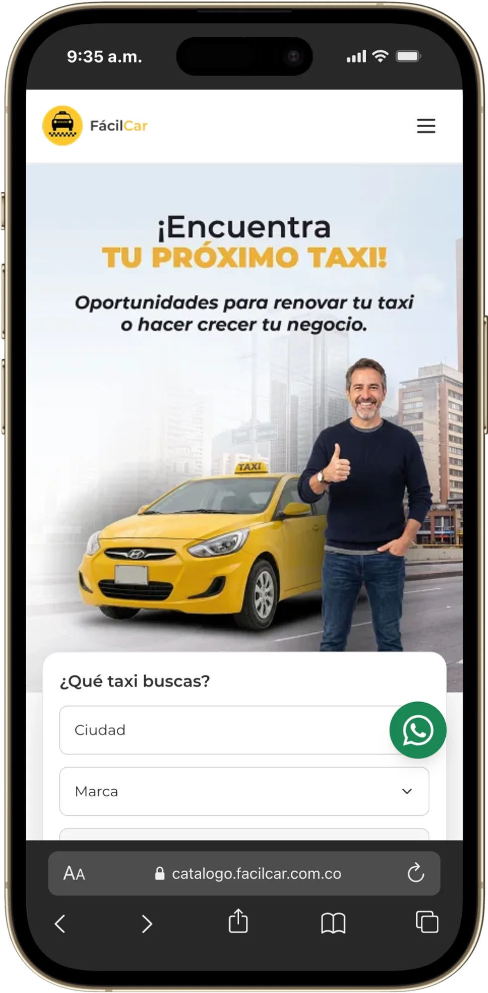 Inicio de FácilCar en móvil con el formulario de búsqueda de taxis